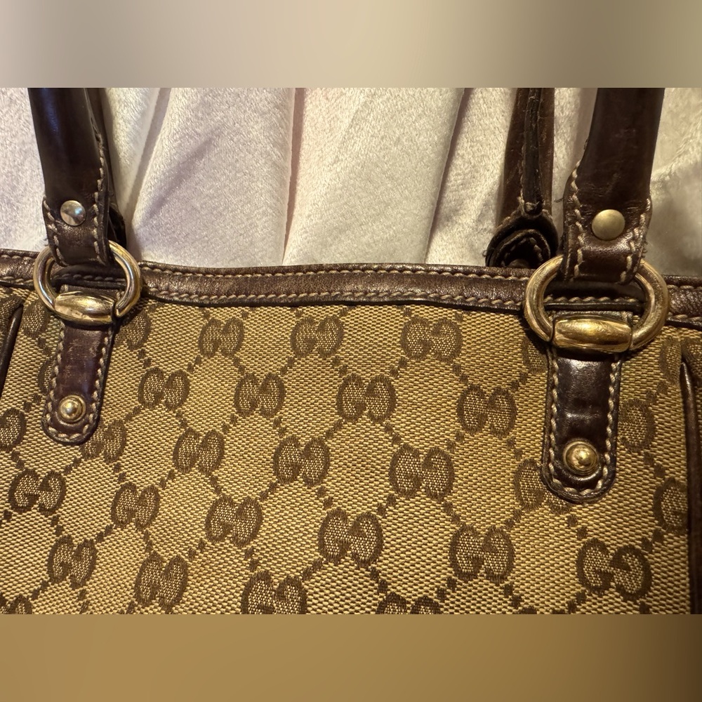 Gucci Tote GG Supreme Canvas Tote Vintage Small Monogram Brown Leather Trim COA - Picture 3 of 11